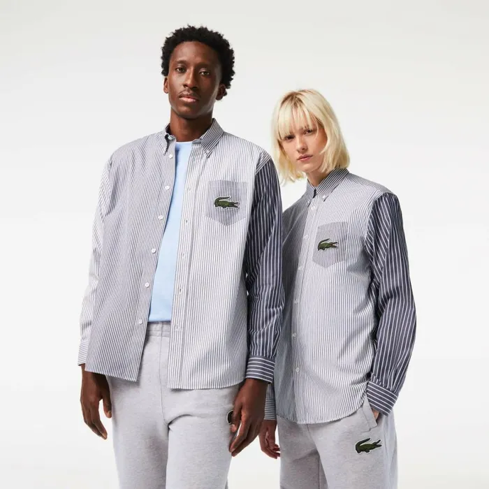 Button Down Shirts MenWomen Lacoste Unisex Large Croc Striped Cotton Shirt White Navy Blue 522