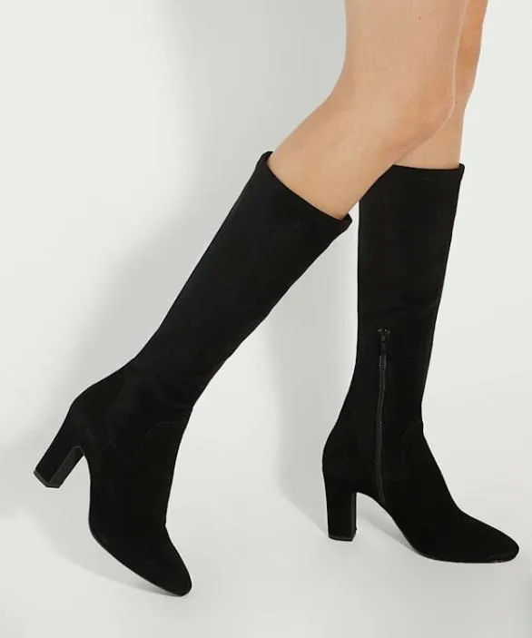 Dune London Black Boots Women Simple Black Almond Toe Block Heel Boots Black