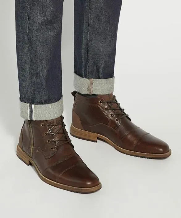 Dune London Brown Boots Men Captains Brown Double Toe Cap Detail Leather Boots Brown