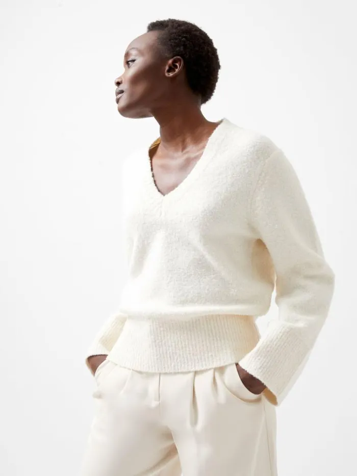 French Connection Melissa Boucle VNeck Jumper Porcelain Cream Women Jumpers and Cardigans
