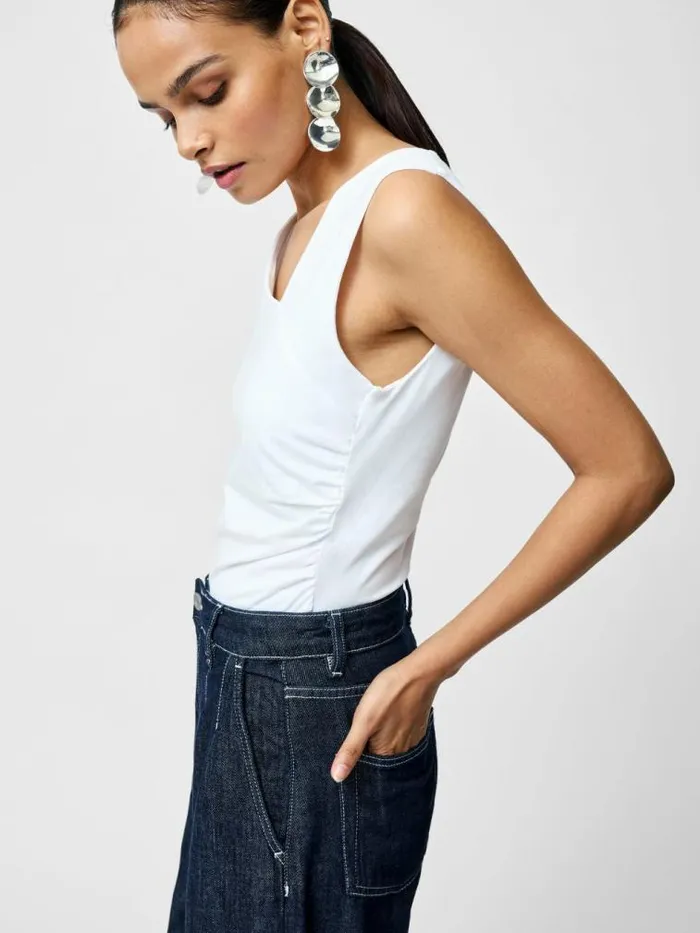 French Connection Rallie Gathered Asymmetric Bodysuit Linen White Women Tops