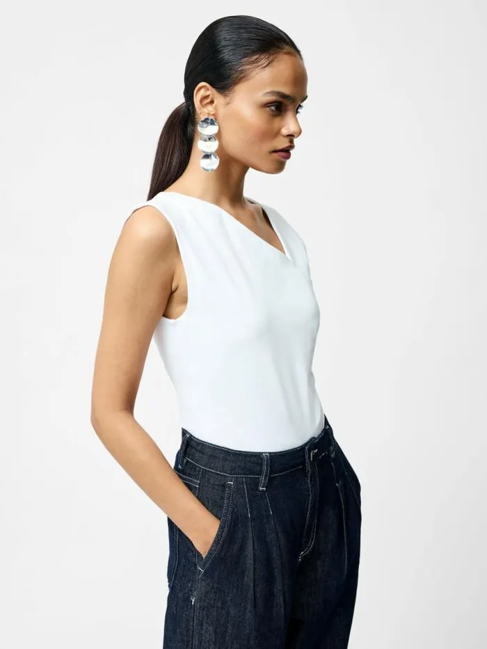 French Connection Rallie Gathered Asymmetric Bodysuit Linen White Women Tops