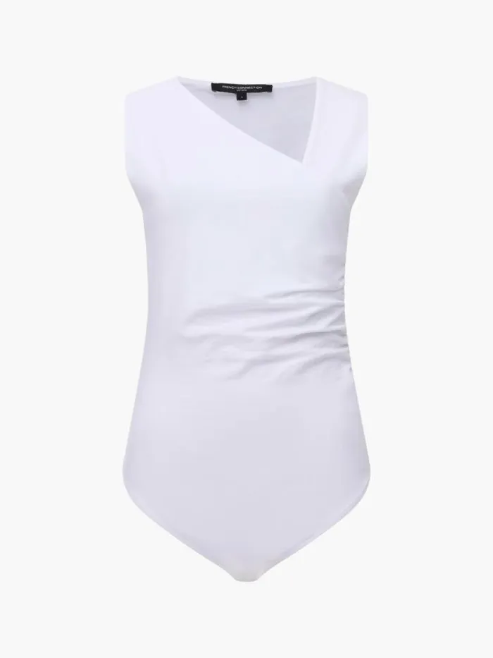 French Connection Rallie Gathered Asymmetric Bodysuit Linen White Women Tops