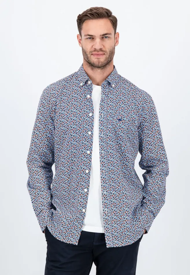 FYNCHHATTON Cotton Shirt With Flower Print Navydark Emeraldsoft Blue Men Shirts FYNCHHATTON Cotton Shirt With Flower Print Navydark Emeraldsoft Blue Men Shirts