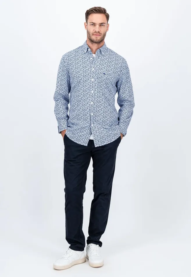 FYNCHHATTON Cotton Shirt With Flower Print Navydark Emeraldsoft Blue Men Shirts