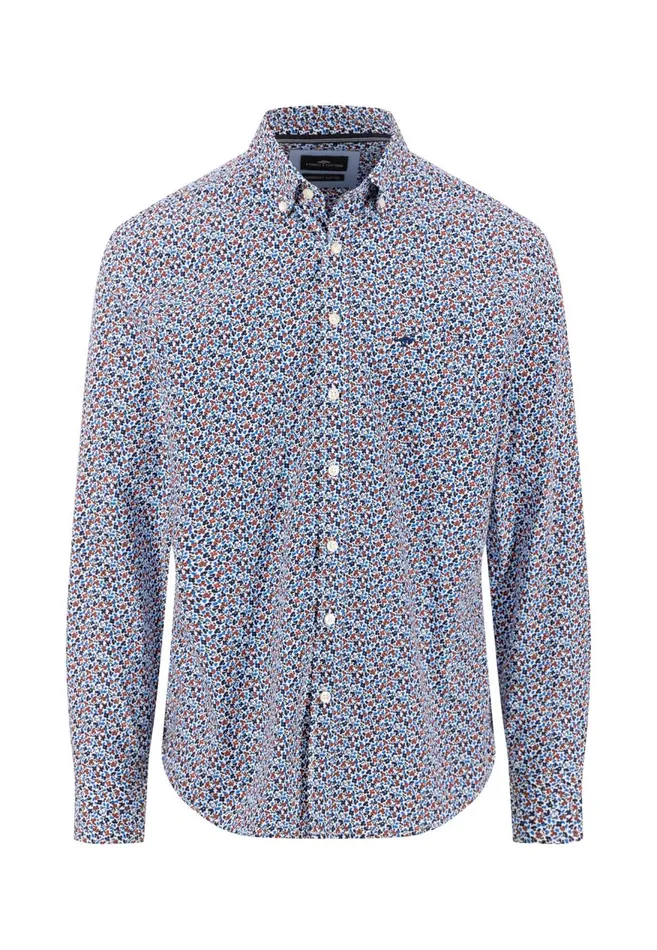 FYNCHHATTON Cotton Shirt With Flower Print Navydark Emeraldsoft Blue Men Shirts