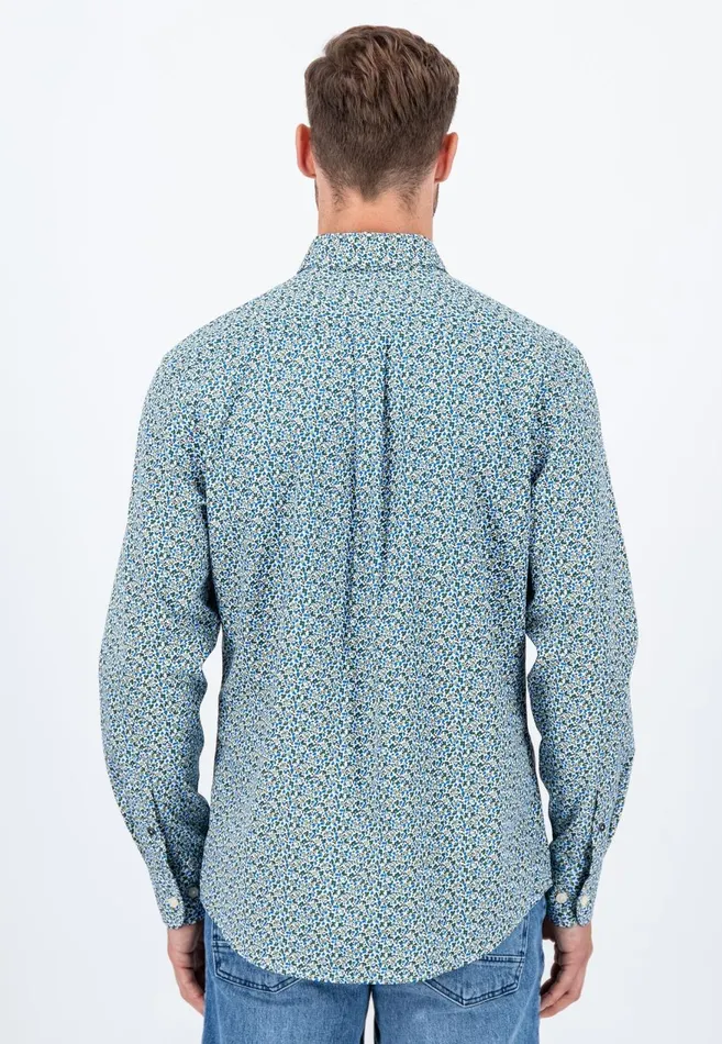 FYNCHHATTON Cotton Shirt With Flower Print Navydark Emeraldsoft Blue Men Shirts