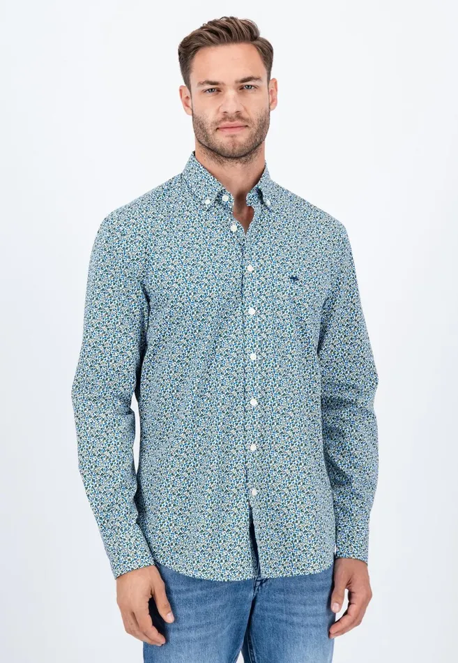 FYNCHHATTON Cotton Shirt With Flower Print Navydark Emeraldsoft Blue Men Shirts