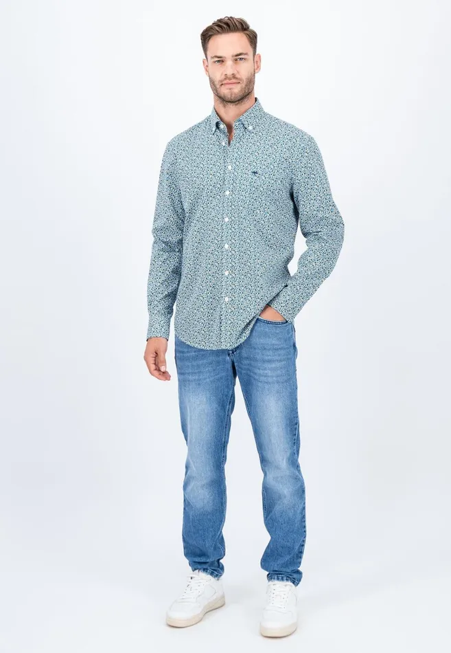 FYNCHHATTON Cotton Shirt With Flower Print Navydark Emeraldsoft Blue Men Shirts