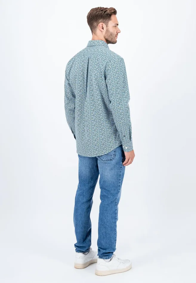 FYNCHHATTON Cotton Shirt With Flower Print Navydark Emeraldsoft Blue Men Shirts