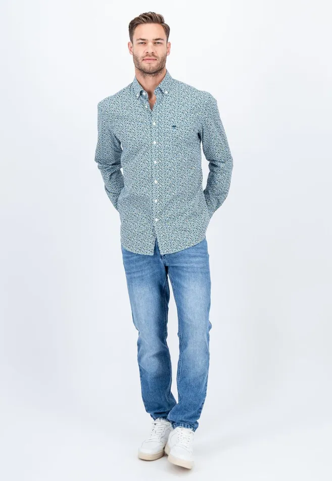 FYNCHHATTON Cotton Shirt With Flower Print Navydark Emeraldsoft Blue Men Shirts