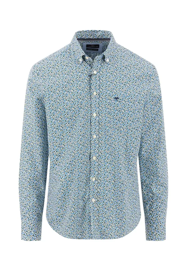 FYNCHHATTON Cotton Shirt With Flower Print Navydark Emeraldsoft Blue Men Shirts