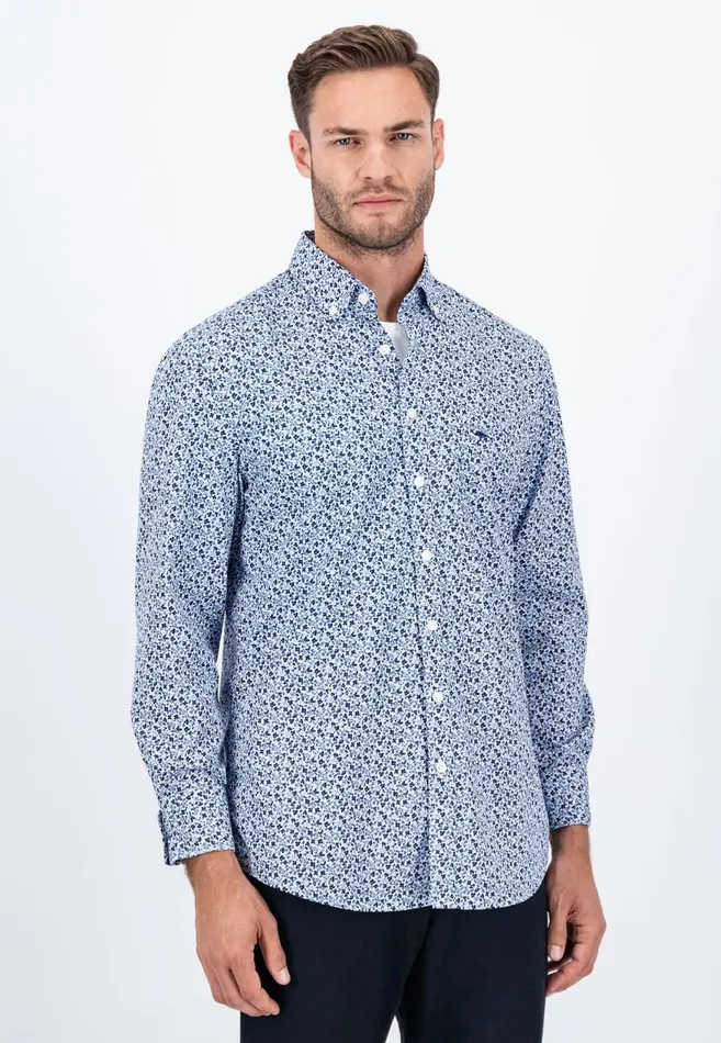 FYNCHHATTON Cotton Shirt With Flower Print Navydark Emeraldsoft Blue Men Shirts