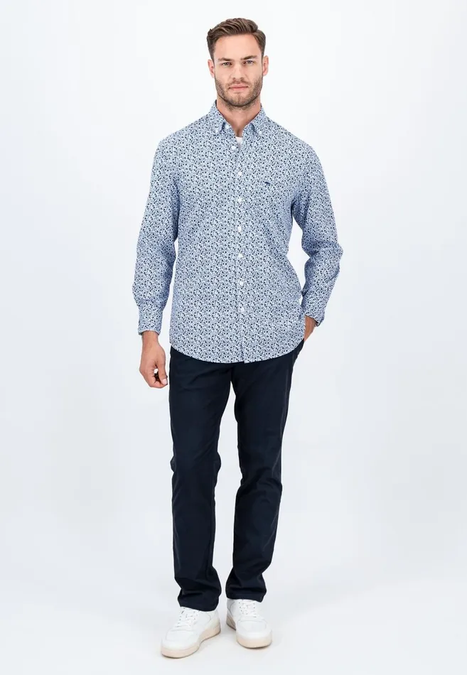 FYNCHHATTON Cotton Shirt With Flower Print Navydark Emeraldsoft Blue Men Shirts