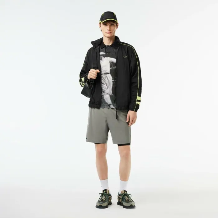 Jackets and Coats Men Lacoste Men039s Contrast Details WaterResistant ZipUp Jacket Black Flashy Yellow 6vt