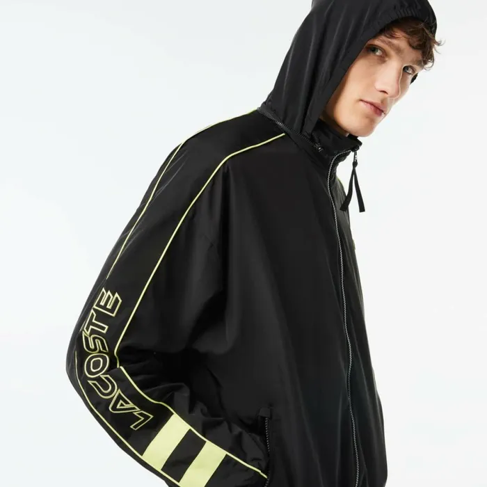 Jackets and Coats Men Lacoste Men039s Contrast Details WaterResistant ZipUp Jacket Black Flashy Yellow 6vt