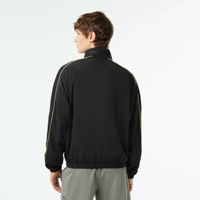 Jackets and Coats Men Lacoste Men039s Contrast Details WaterResistant ZipUp Jacket Black Flashy Yellow 6vt