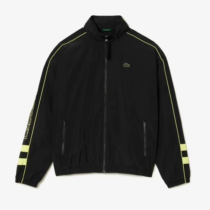 Jackets and Coats Men Lacoste Men039s Contrast Details WaterResistant ZipUp Jacket Black Flashy Yellow 6vt