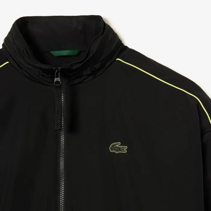 Jackets and Coats Men Lacoste Men039s Contrast Details WaterResistant ZipUp Jacket Black Flashy Yellow 6vt