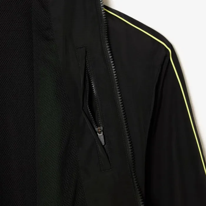 Jackets and Coats Men Lacoste Men039s Contrast Details WaterResistant ZipUp Jacket Black Flashy Yellow 6vt