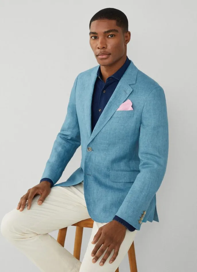 Men Blazers Hackett London Classic Fit Linen Blazer Turquoise Blue