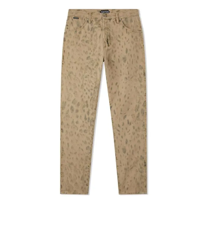 Men Jeans Tom Ford Distressed Leopard Tapered Fit Jeans Aged Leopard Tan