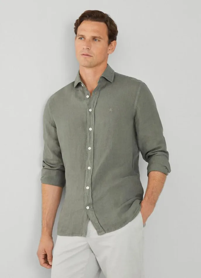 Men Shirts Hackett London Slim Fit Linen Shirt Khaki