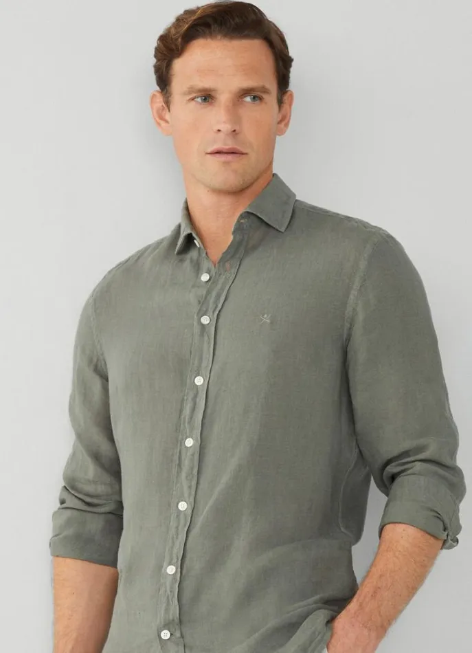 Men Shirts Hackett London Slim Fit Linen Shirt Khaki