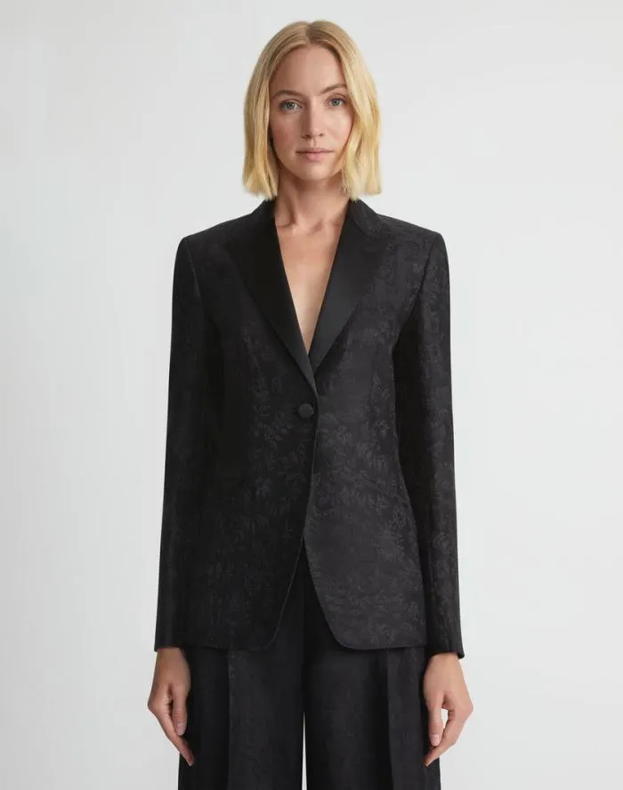 Ready To Wear Flora Bloom Jacquard WoolSilk Satin Lapel Blazer Black Lafayette 148 New York Jackets and Blazers