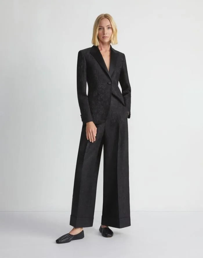 Ready To Wear Flora Bloom Jacquard WoolSilk Satin Lapel Blazer Black Lafayette 148 New York Jackets and Blazers