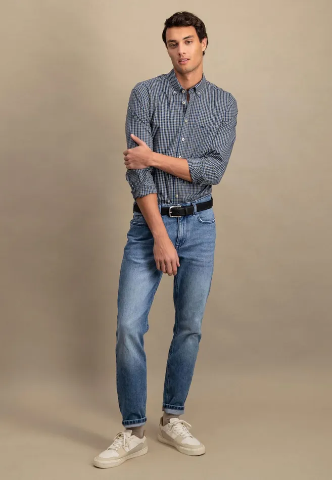Sale Men FYNCHHATTON Carroted Shirt With Buttondown Collar Light Khakidark Emeraldvibrant Bluerust