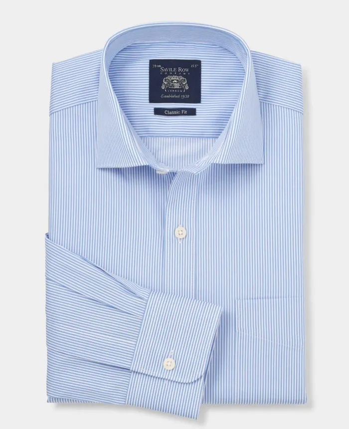 Savile Row Company Blue Cotton Twill Classic Fit Striped Formal Shirt 8211 Single Cuff Blue Stripe Men Formal Shirts