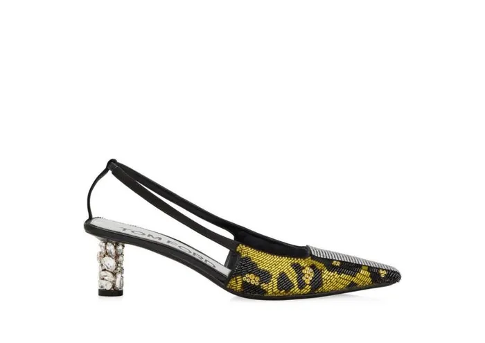 Women Pumps Tom Ford Leopard Embroidery Bejewelled Slingback Yellowblack Crystal Women Pumps Tom Ford Leopard Embroidery Bejewelled Slingback Yellowblack Crystal