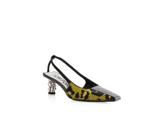 Women Pumps Tom Ford Leopard Embroidery Bejewelled Slingback Yellowblack Crystal Women Pumps Tom Ford Leopard Embroidery Bejewelled Slingback Yellowblack Crystal