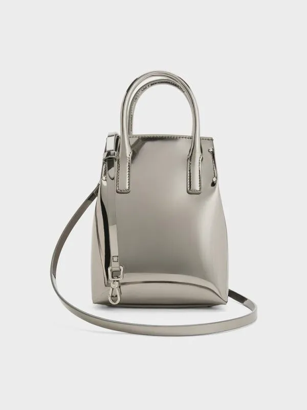 Women Rene Metallic Elongated Top Handle Bag 8211 Pewter CHARLES and KEITH Crossbody Bags
