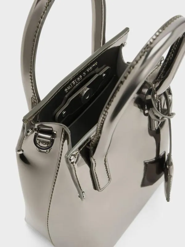 Women Rene Metallic Elongated Top Handle Bag 8211 Pewter CHARLES and KEITH Crossbody Bags