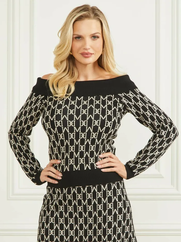 Angelina OfftheShoulder Top M Allover Jacquard Black Tops GUESS Women Angelina OfftheShoulder Top M Allover Jacquard Black Tops GUESS Women