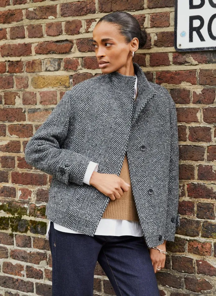 Baukjen Janine Wool Blend Short Coat Black and Grey Herringbone Clothing