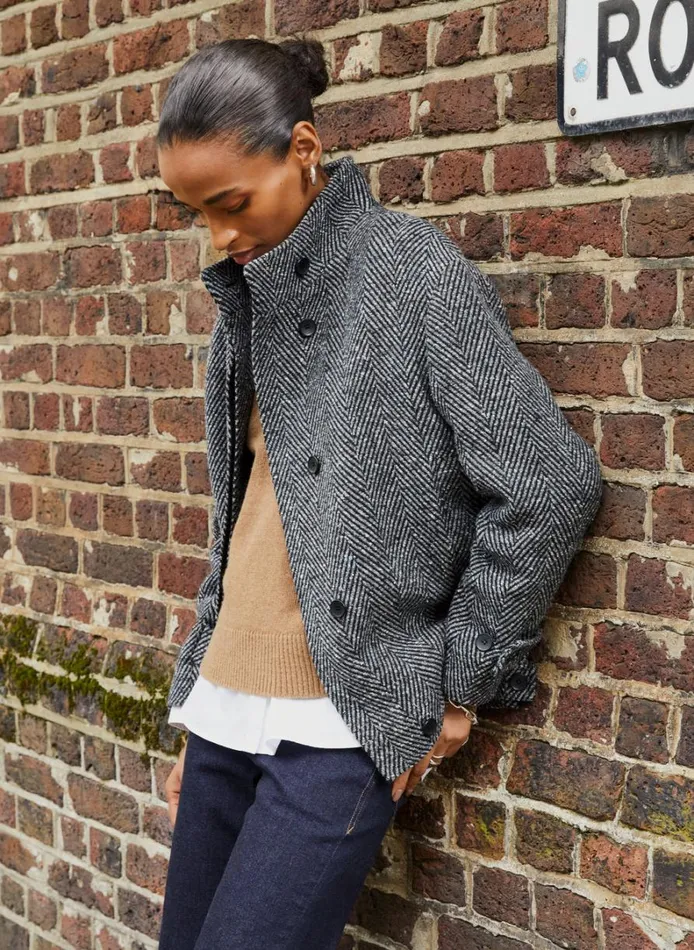 Baukjen Janine Wool Blend Short Coat Black and Grey Herringbone Clothing