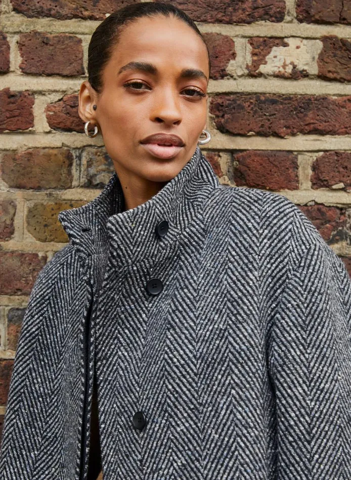 Baukjen Janine Wool Blend Short Coat Black and Grey Herringbone Clothing