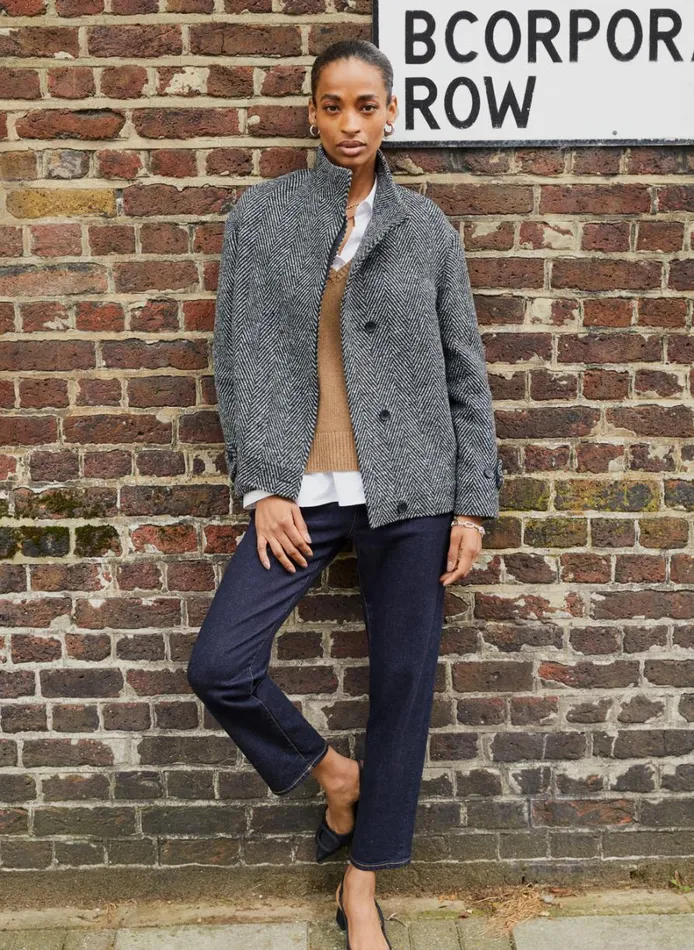 Baukjen Janine Wool Blend Short Coat Black and Grey Herringbone Clothing