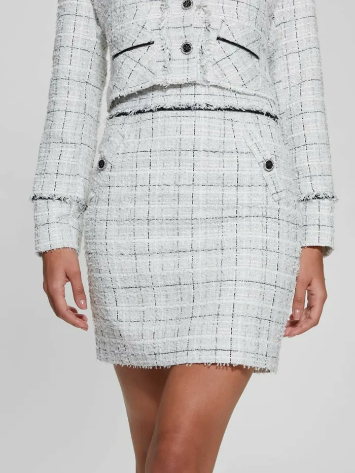 Bottoms Women Eco Sofia Tweed Mini Skirt Check Tweed White Combo GUESS Bottoms Women Eco Sofia Tweed Mini Skirt Check Tweed White Combo GUESS