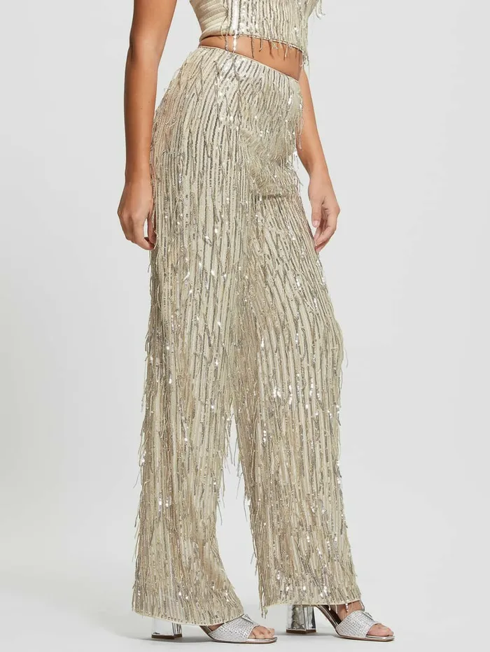Bottoms Women Heidi Sequin Fringe Pants Off White Multi GUESS Bottoms Women Heidi Sequin Fringe Pants Off White Multi GUESS