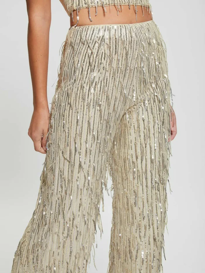 Bottoms Women Heidi Sequin Fringe Pants Off White Multi GUESS Bottoms Women Heidi Sequin Fringe Pants Off White Multi GUESS