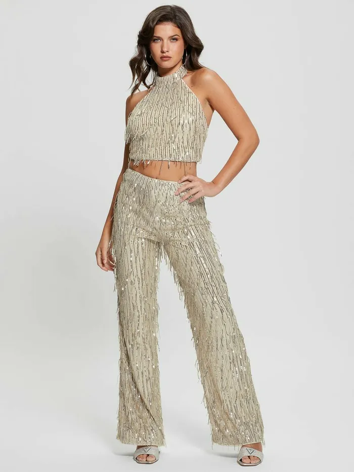 Bottoms Women Heidi Sequin Fringe Pants Off White Multi GUESS Bottoms Women Heidi Sequin Fringe Pants Off White Multi GUESS