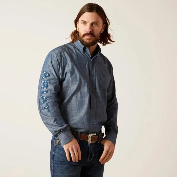 Button Down Shirts Men Ariat Team Logo Chambrey Classic Fit Shirt Blue Chambray