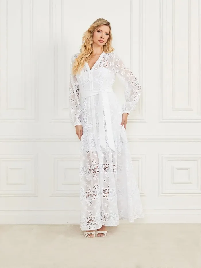 Cassandra Eyelet Dress Blanc Pur Women Dresses and Jumpsuits GUESS