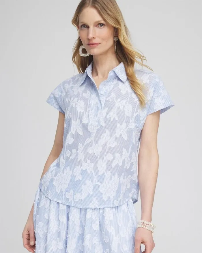 Chico039s Blouses and Shirts Jacquard Dolman Sleeve Top Whiteblue 8211 Clothing