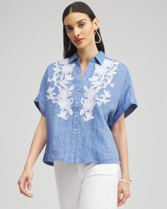 Chico039s Blouses and Shirts Linen Embroidered Applique Shirt Indigo 8211 Clothing Chico039s Blouses and Shirts Linen Embroidered Applique Shirt Indigo 8211 Clothing