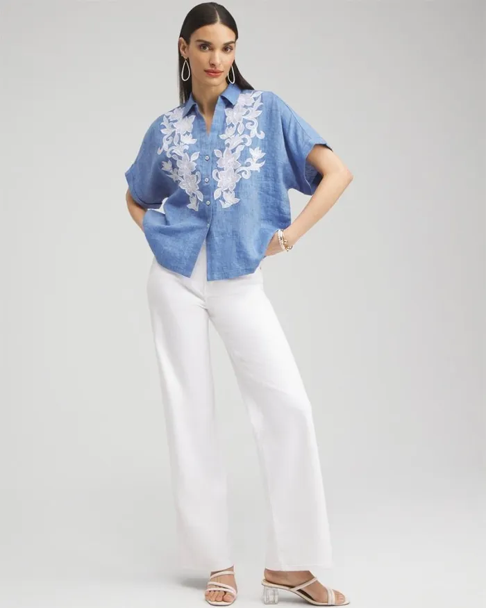 Chico039s Blouses and Shirts Linen Embroidered Applique Shirt Indigo 8211 Clothing Chico039s Blouses and Shirts Linen Embroidered Applique Shirt Indigo 8211 Clothing